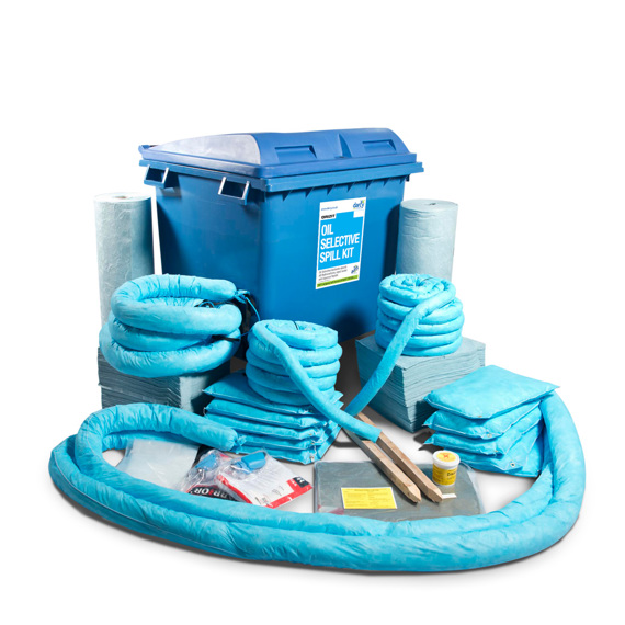 Oil selective spill kit with absorbent pads, socks, and disposal container.