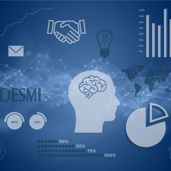 Blue graphic with DESMI logo, charts, handshake, brain, and world map illustrations.