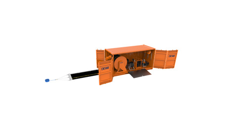 Orange DESMI container with oil spill recovery equipment, featuring skimmer and hose.
