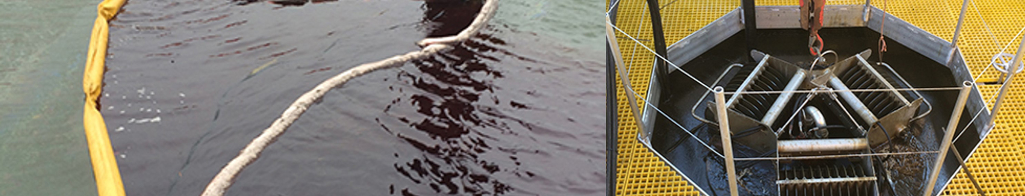 Oil spill containment boom and DESMI skimmer for fluid handling operations.