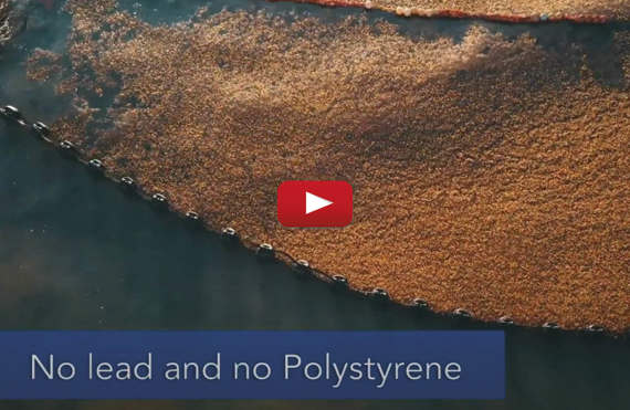 Aerial view of a net in water, labeled "No lead and no Polystyrene."