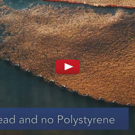 Aerial view of a net in water, labeled "No lead and no Polystyrene."