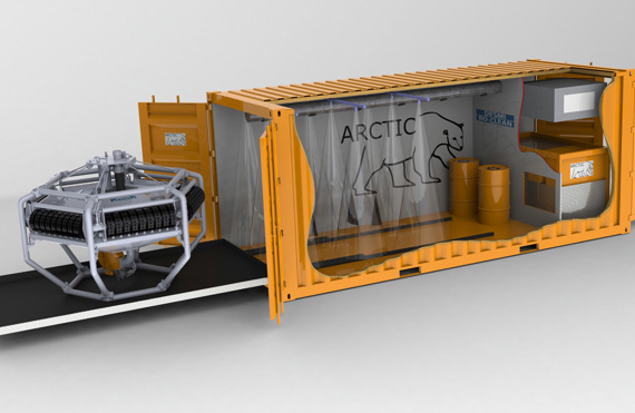 DESMI Arctic oil spill recovery container with equipment and barrels inside.