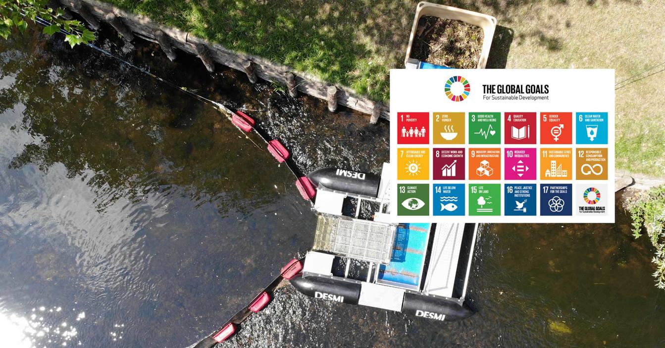 DESMI system in a river with a sustainable development goals poster overlay.