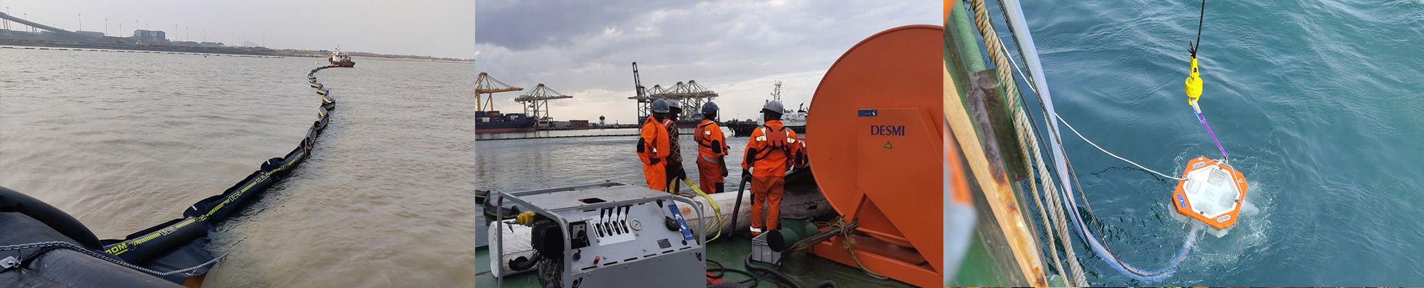 DESMI oil spill response equipment in action with crew at a port.