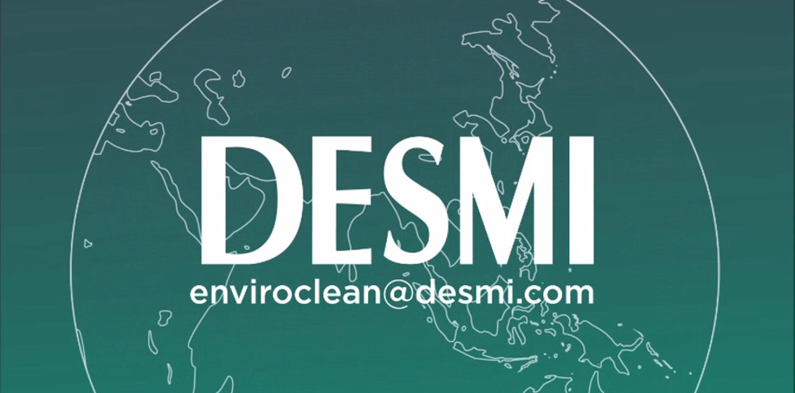 DESMI logo with email contact over a globe illustration background.