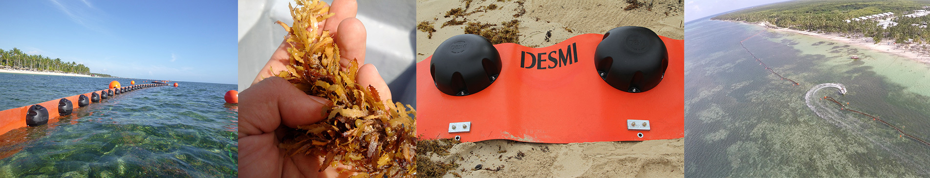 DESMI oil spill containment booms in ocean, with close-up of seaweed and aerial view.
