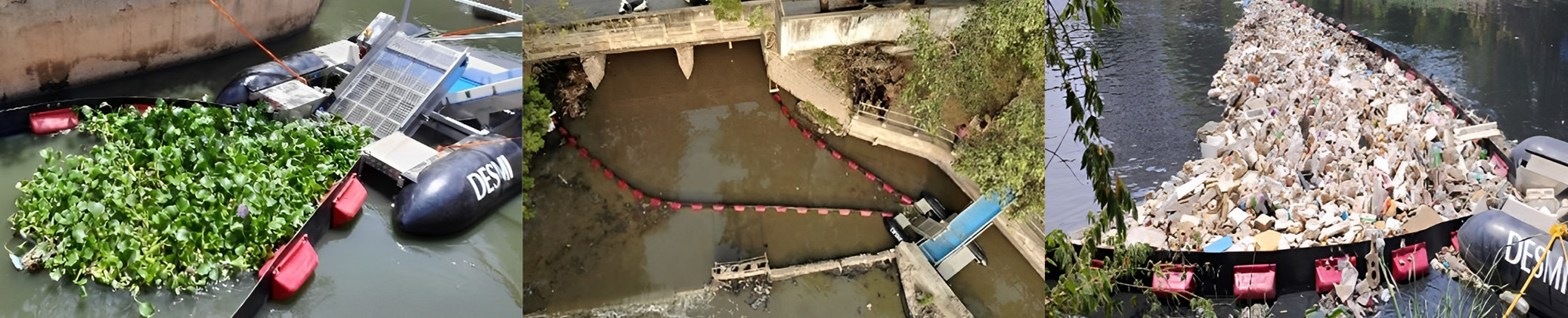 DESMI systems capturing aquatic plants and debris in a waterway for fluid handling.