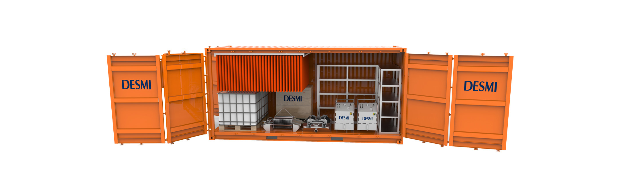 Open orange DESMI container with equipment for fluid handling.