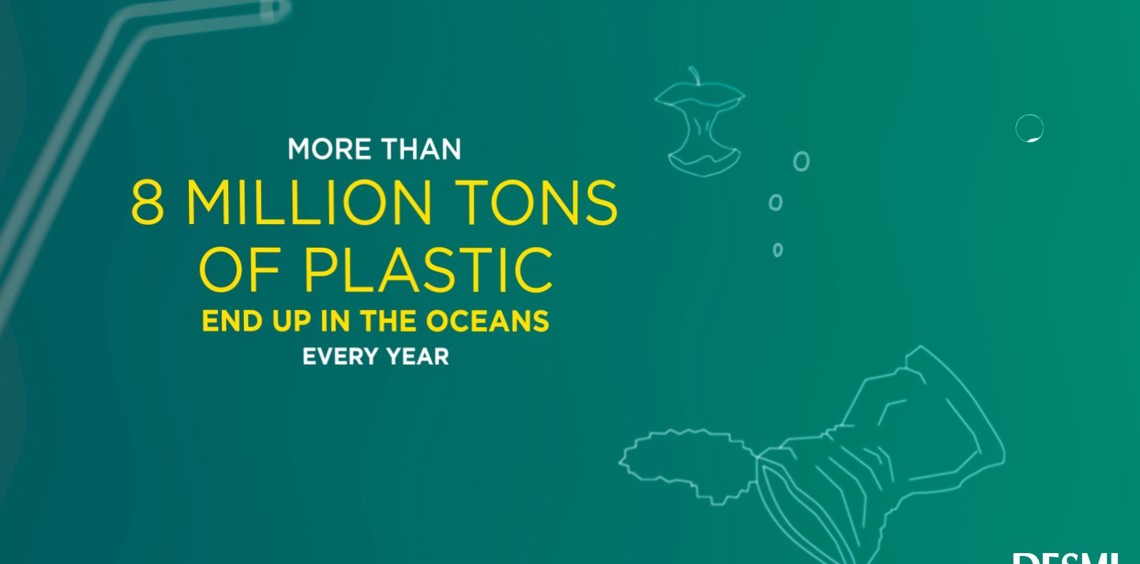 Text highlights 8 million tons of plastic polluting oceans annually, with DESMI logo.