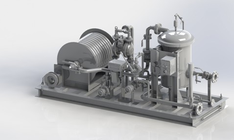Industrial fluid handling system with coiled piping and control valves on a metal base.