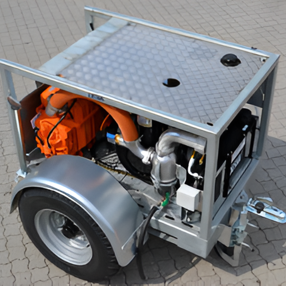 Mobile pump unit with visible engine and components on a wheeled frame.
