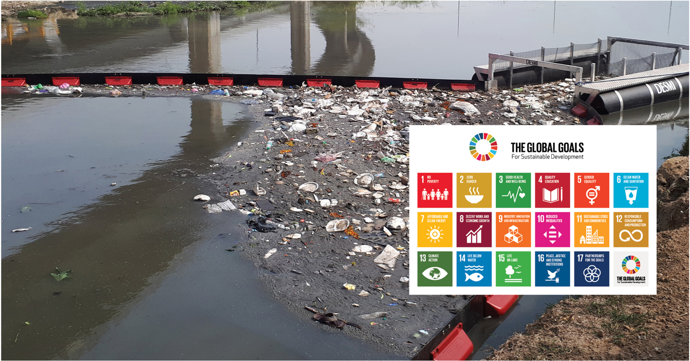 DESMI trash barrier in polluted water, with sustainable development goals chart overlay.