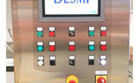 DESMI control cabinet for helicopter refueling system with various buttons and screen.