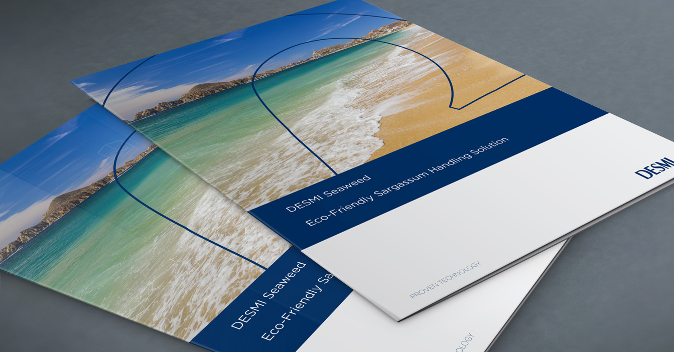 DESMI brochures showcasing eco-friendly Sargassum handling solutions on a sandy beach.