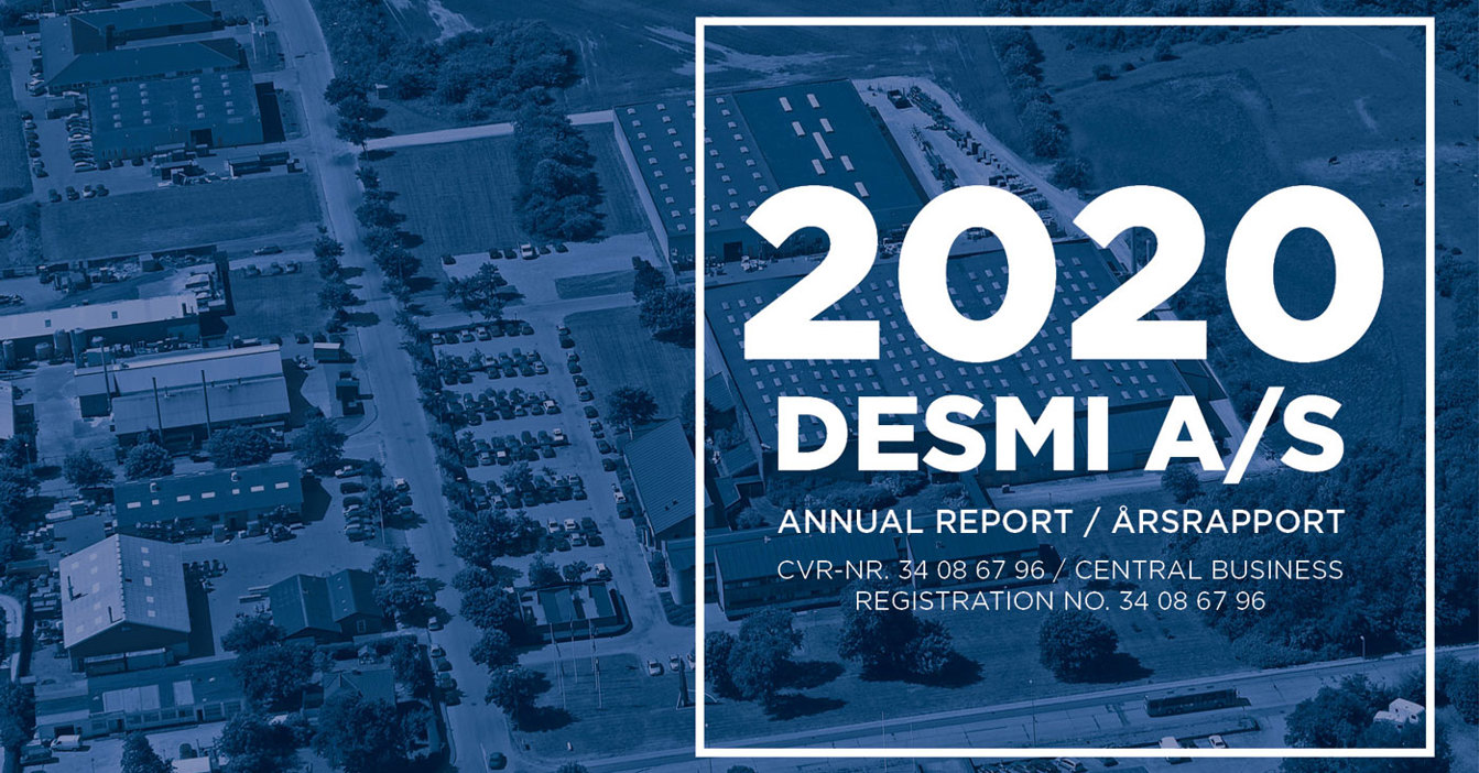 Aerial view of DESMI A/S facility with 2020 annual report text overlay.