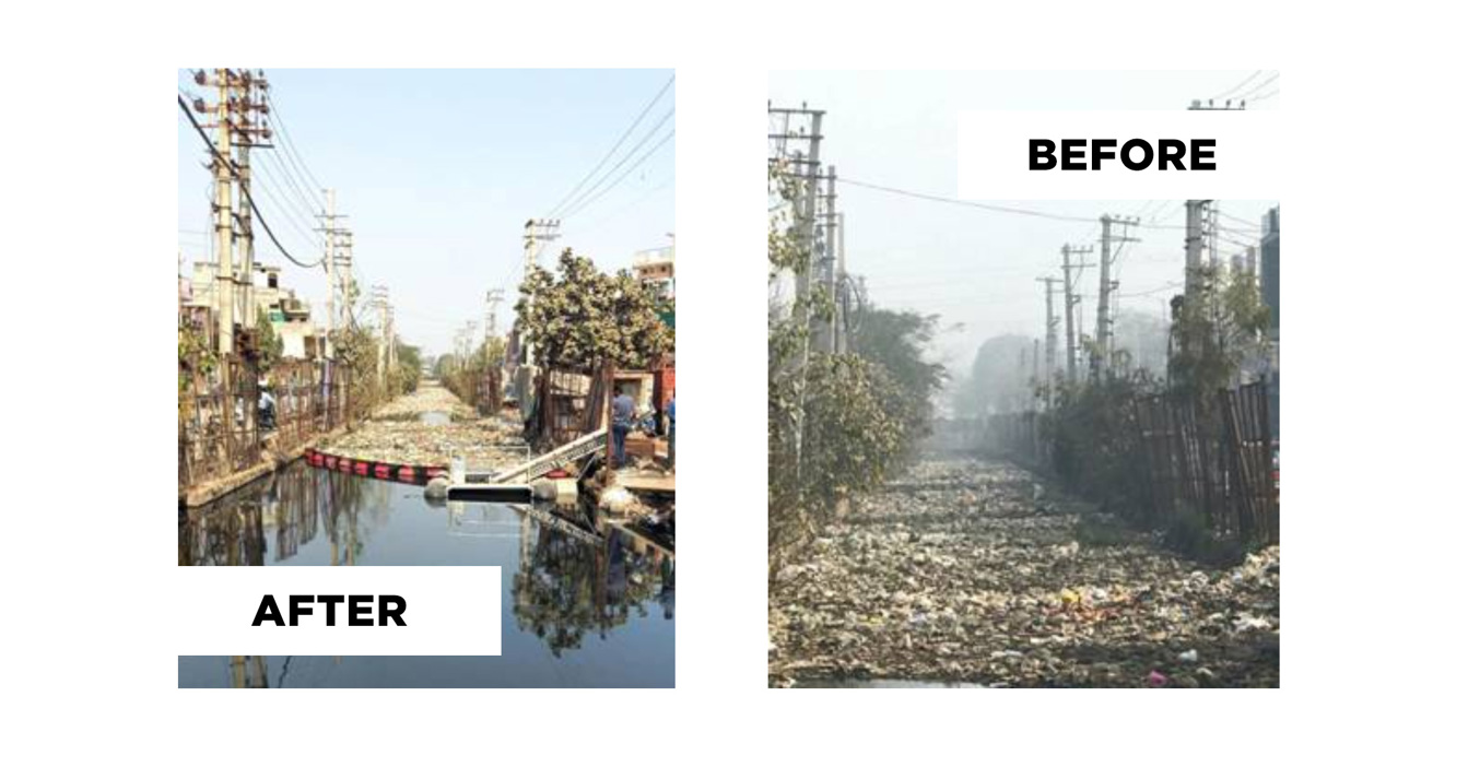 Before-and-after images of canal cleanup, showing significant waste removal.