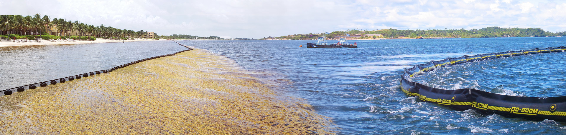 Ocean cleanup using DESMI RO-BOOM barrier to collect floating debris and seaweed.