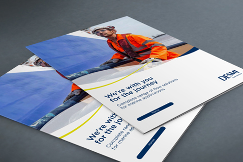 DESMI brochures featuring marine solutions with a worker in safety gear.