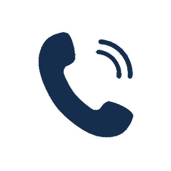 Navy blue phone receiver icon with sound waves on white background.