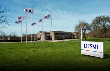 DESMI headquarters with flags and sign on a well-maintained lawn.